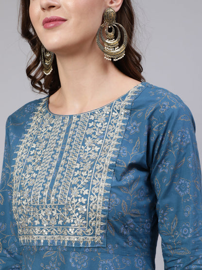 Women Blue Embroidered Flared Kurta With Trouser And Dupatta | LASVINI - Redefining Indian Fashion with Elegance