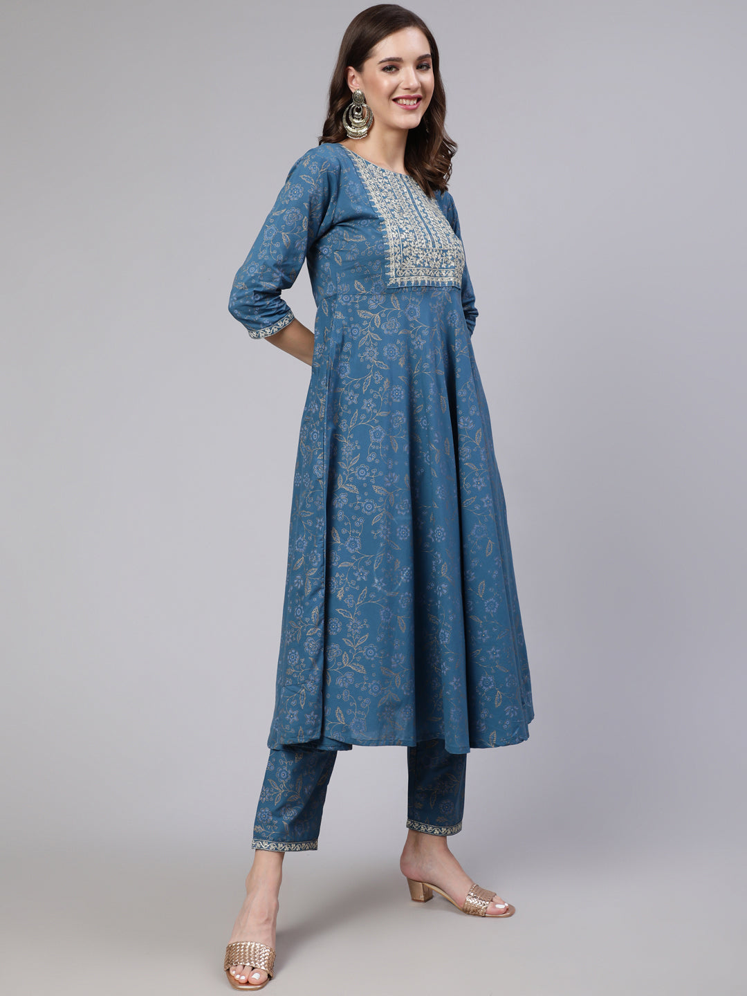 Women Blue Embroidered Flared Kurta With Trouser And Dupatta | LASVINI - Redefining Indian Fashion with Elegance