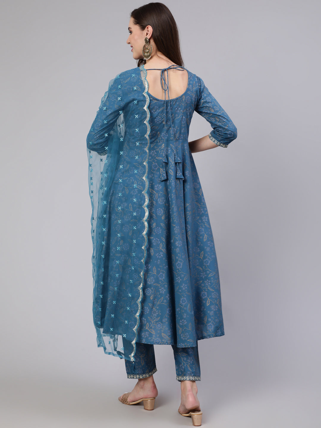 Women Blue Embroidered Flared Kurta With Trouser And Dupatta | LASVINI - Redefining Indian Fashion with Elegance