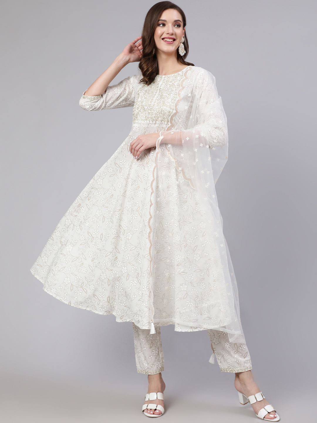 Women White Embroidered Flared Kurta With Trouser And Dupatta | LASVINI - Redefining Indian Fashion with Elegance