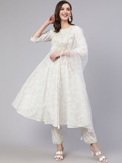 Women White Embroidered Flared Kurta With Trouser And Dupatta | LASVINI - Redefining Indian Fashion with Elegance