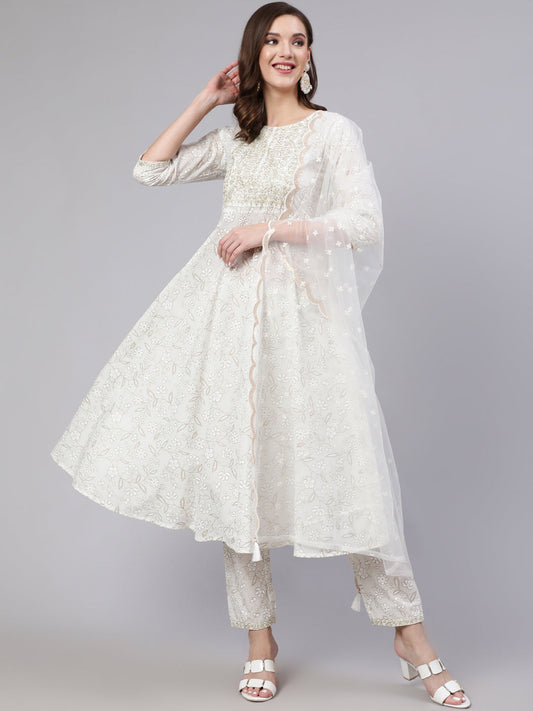 Women White Embroidered Flared Kurta With Trouser And Dupatta | LASVINI - Redefining Indian Fashion with Elegance