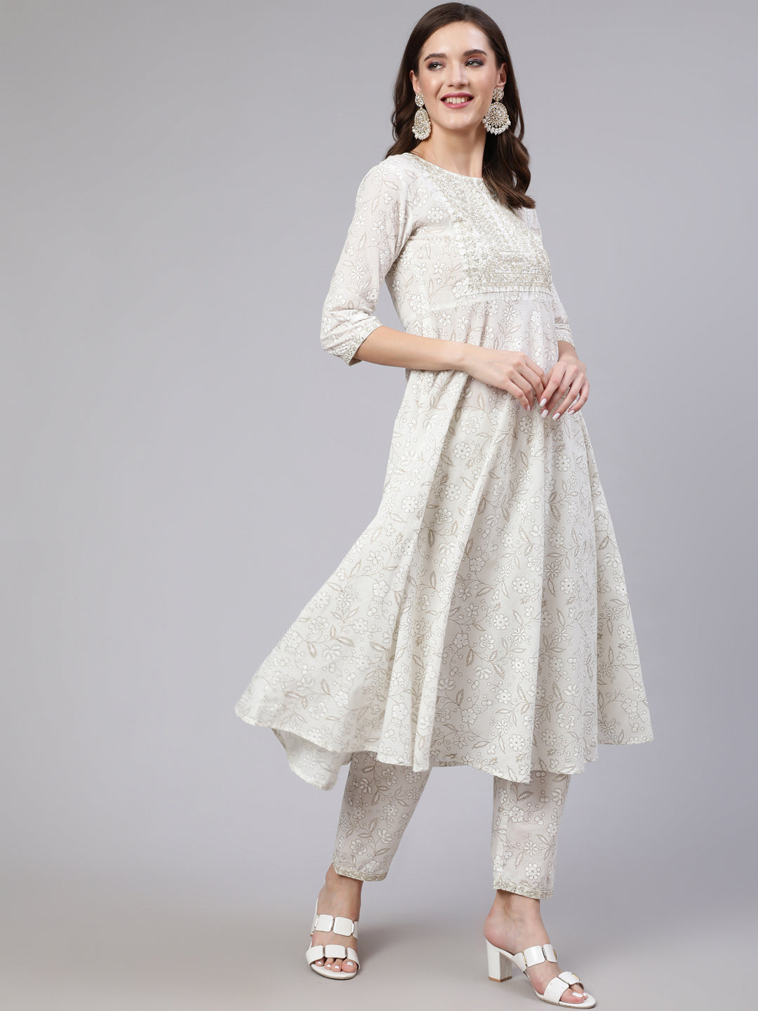 Women White Embroidered Flared Kurta With Trouser And Dupatta | LASVINI - Redefining Indian Fashion with Elegance