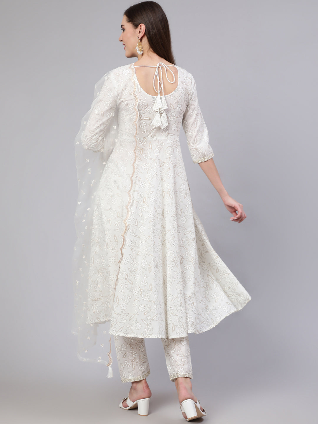 Women White Embroidered Flared Kurta With Trouser And Dupatta | LASVINI - Redefining Indian Fashion with Elegance