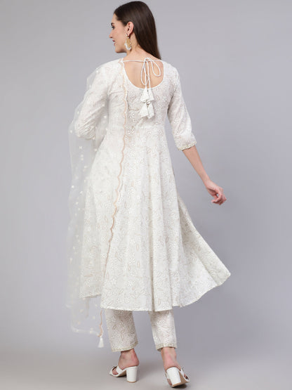 Women White Embroidered Flared Kurta With Trouser And Dupatta | LASVINI - Redefining Indian Fashion with Elegance
