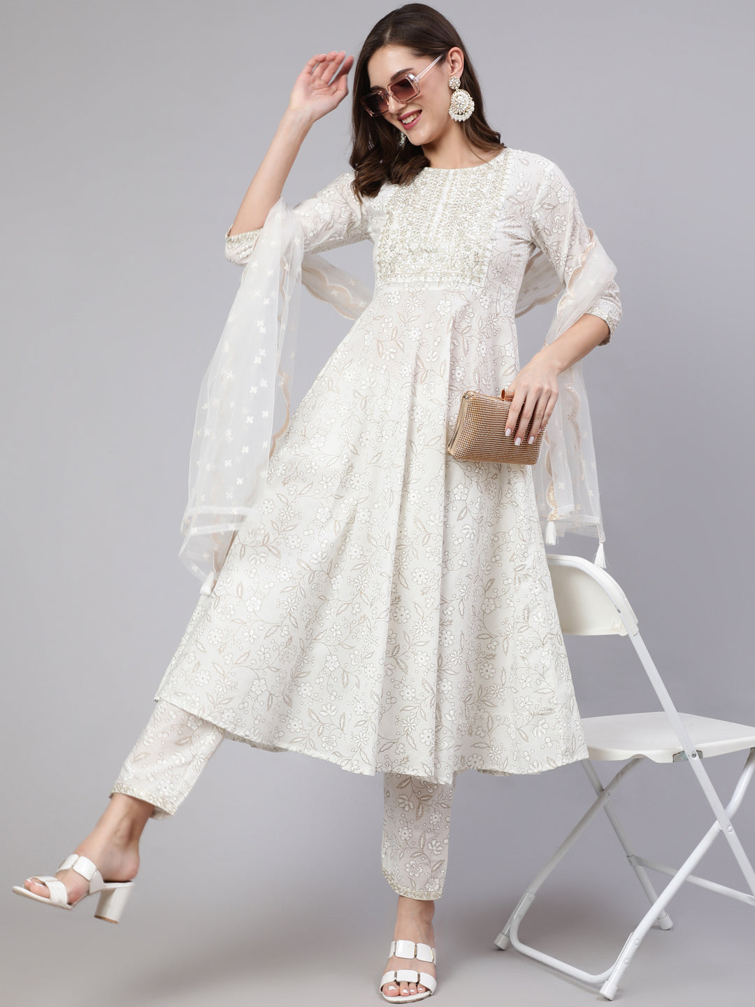 Women White Embroidered Flared Kurta With Trouser And Dupatta | LASVINI - Redefining Indian Fashion with Elegance