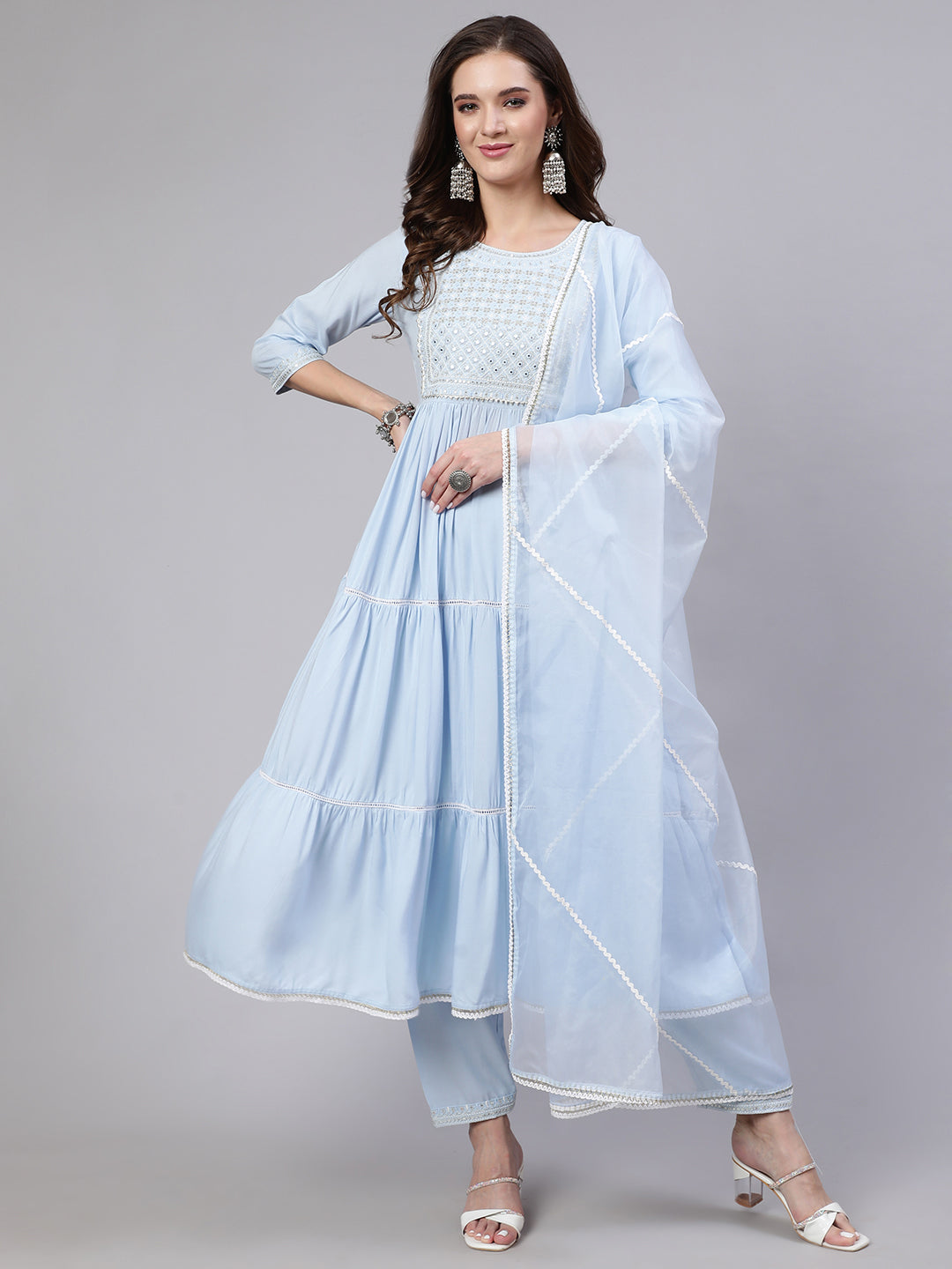 Women Blue Embroidered Flared Kurta With Trouser And Dupatta | LASVINI - Redefining Indian Fashion with Elegance