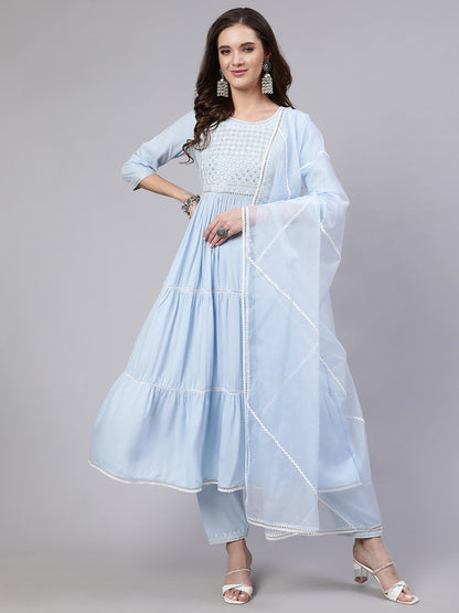 Women Blue Embroidered Flared Kurta With Trouser And Dupatta | LASVINI - Redefining Indian Fashion with Elegance