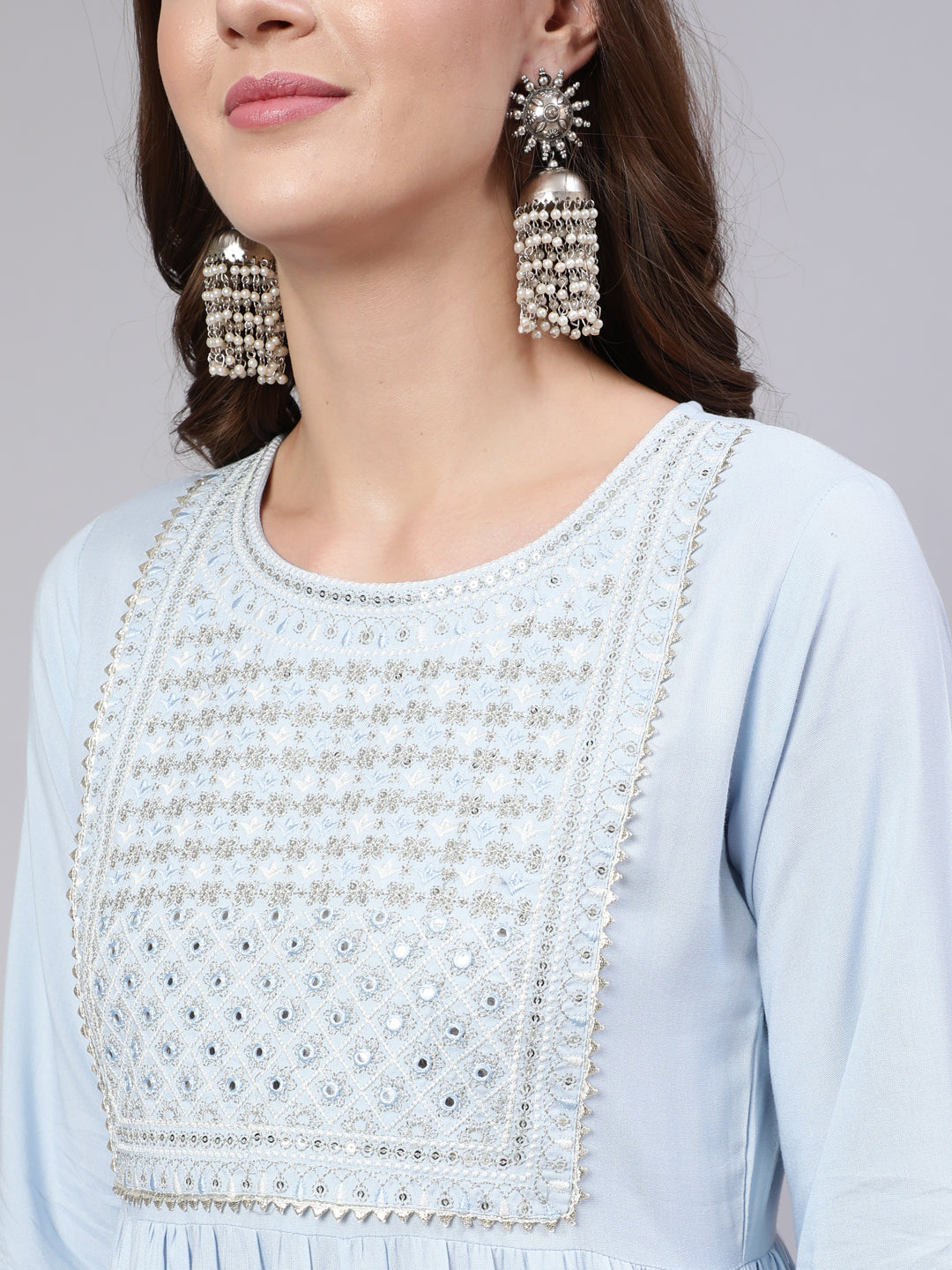 Women Blue Embroidered Flared Kurta With Trouser And Dupatta | LASVINI - Redefining Indian Fashion with Elegance