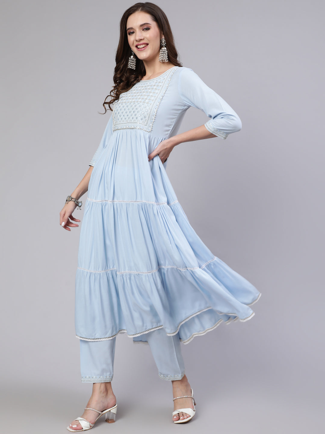 Women Blue Embroidered Flared Kurta With Trouser And Dupatta | LASVINI - Redefining Indian Fashion with Elegance