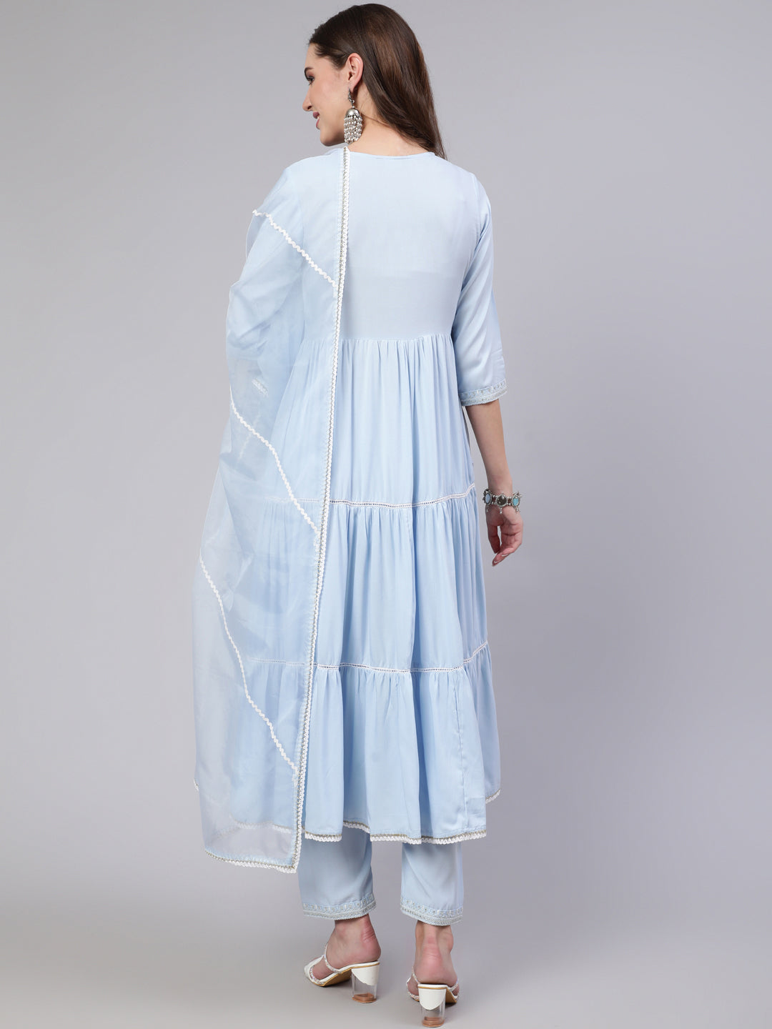 Women Blue Embroidered Flared Kurta With Trouser And Dupatta | LASVINI - Redefining Indian Fashion with Elegance