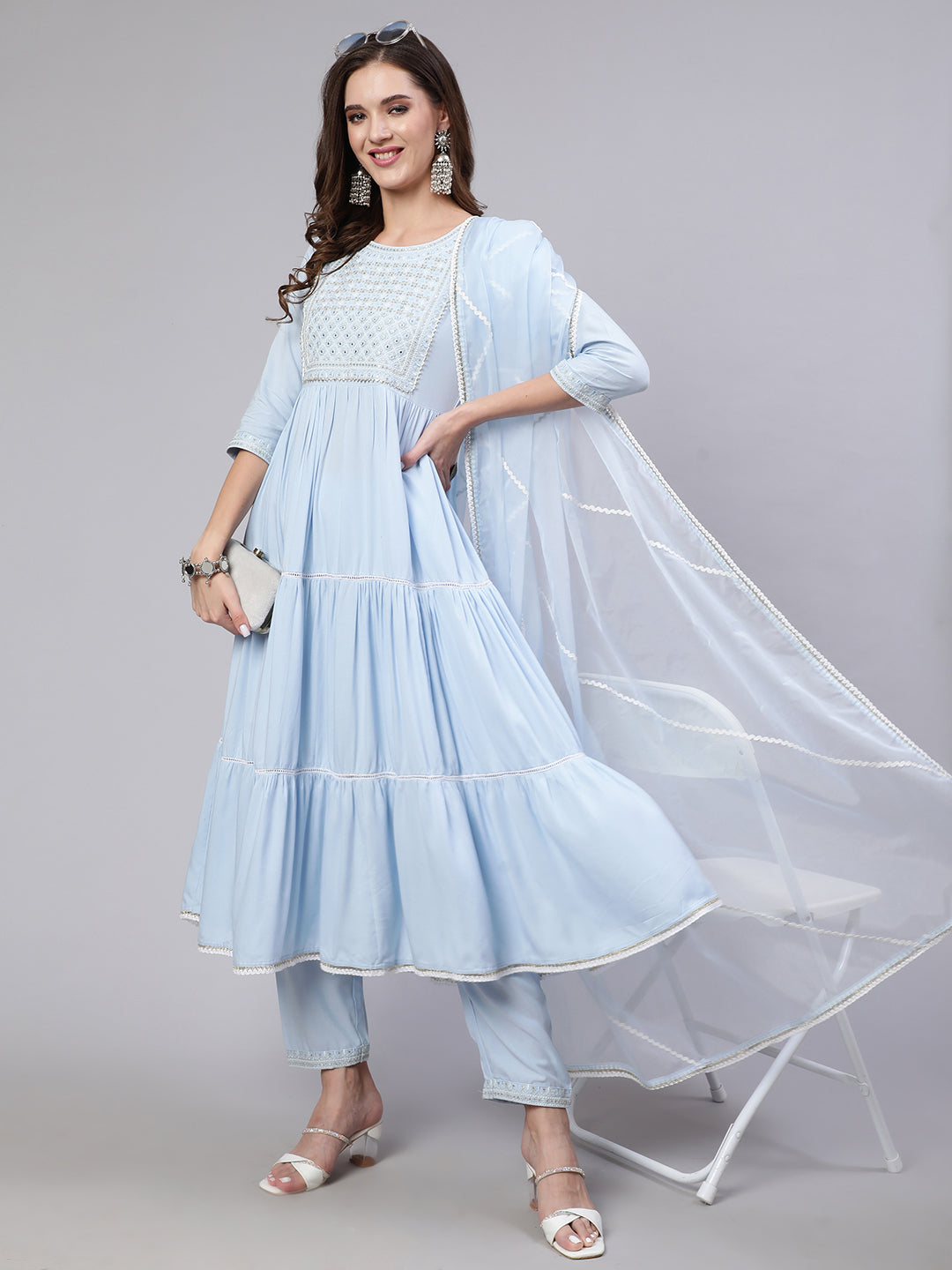 Women Blue Embroidered Flared Kurta With Trouser And Dupatta | LASVINI - Redefining Indian Fashion with Elegance