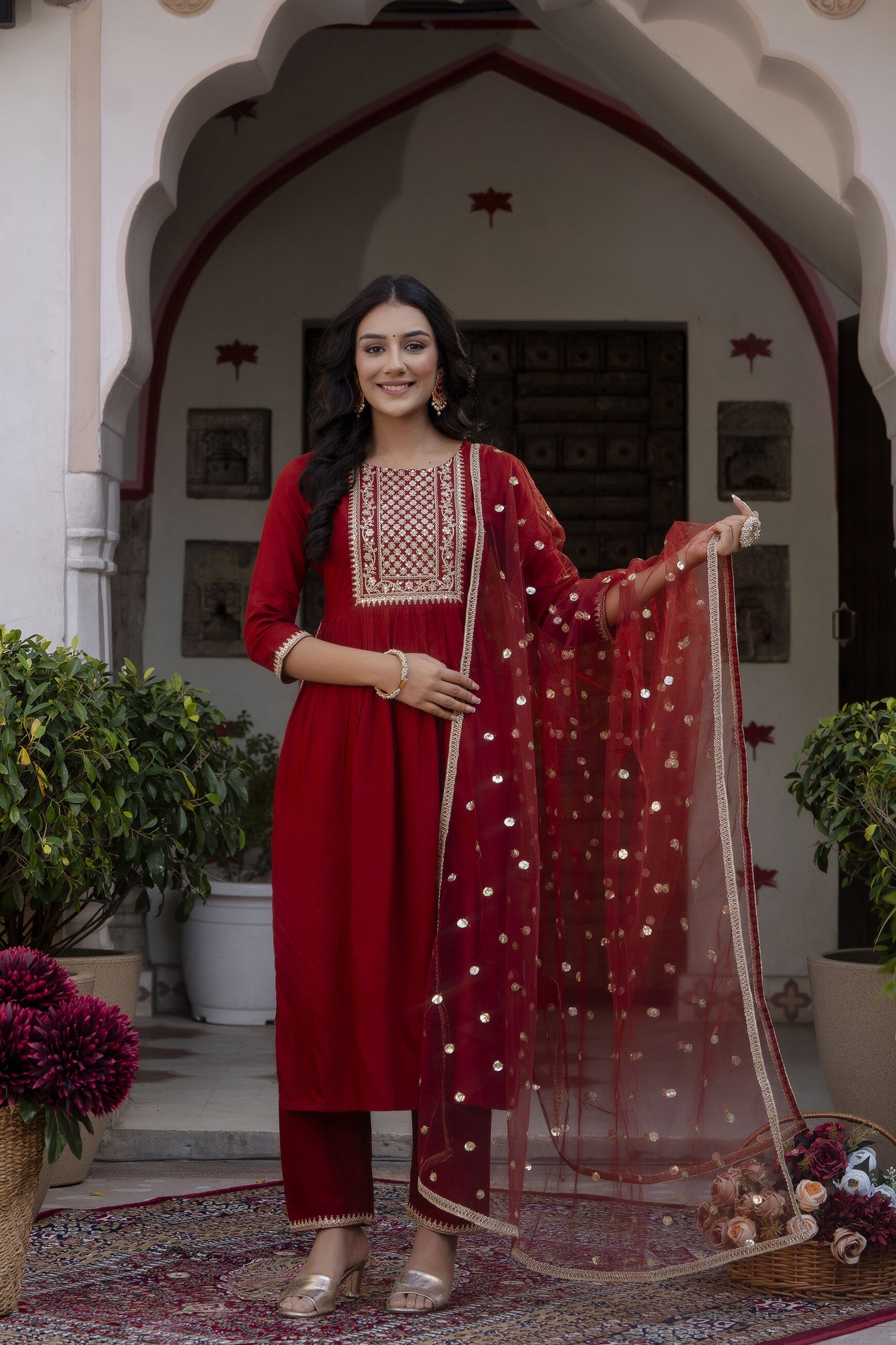 Women Maroon Embroidered Naira Cut Kurta With Trouser And Net Dupatta | LASVINI - Redefining Indian Fashion with Elegance