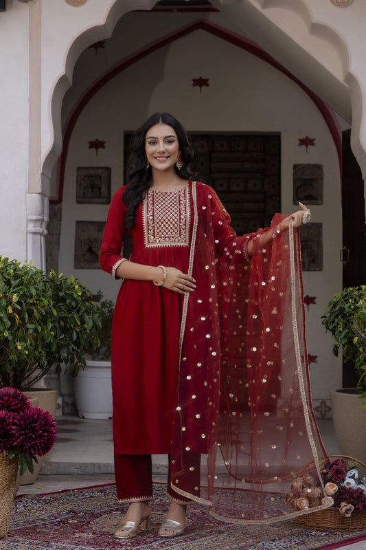 Women Maroon Embroidered Naira Cut Kurta With Trouser And Net Dupatta | LASVINI - Redefining Indian Fashion with Elegance