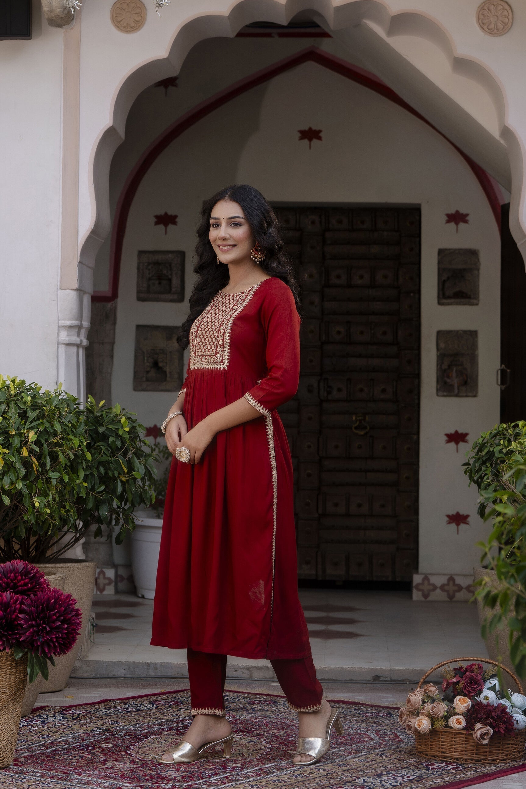Women Maroon Embroidered Naira Cut Kurta With Trouser And Net Dupatta | LASVINI - Redefining Indian Fashion with Elegance