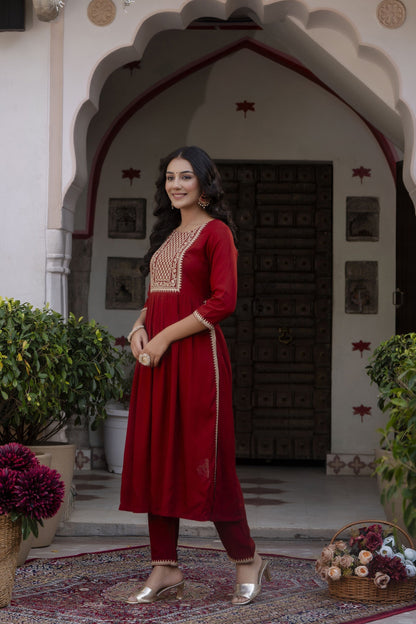 Women Maroon Embroidered Naira Cut Kurta With Trouser And Net Dupatta | LASVINI - Redefining Indian Fashion with Elegance