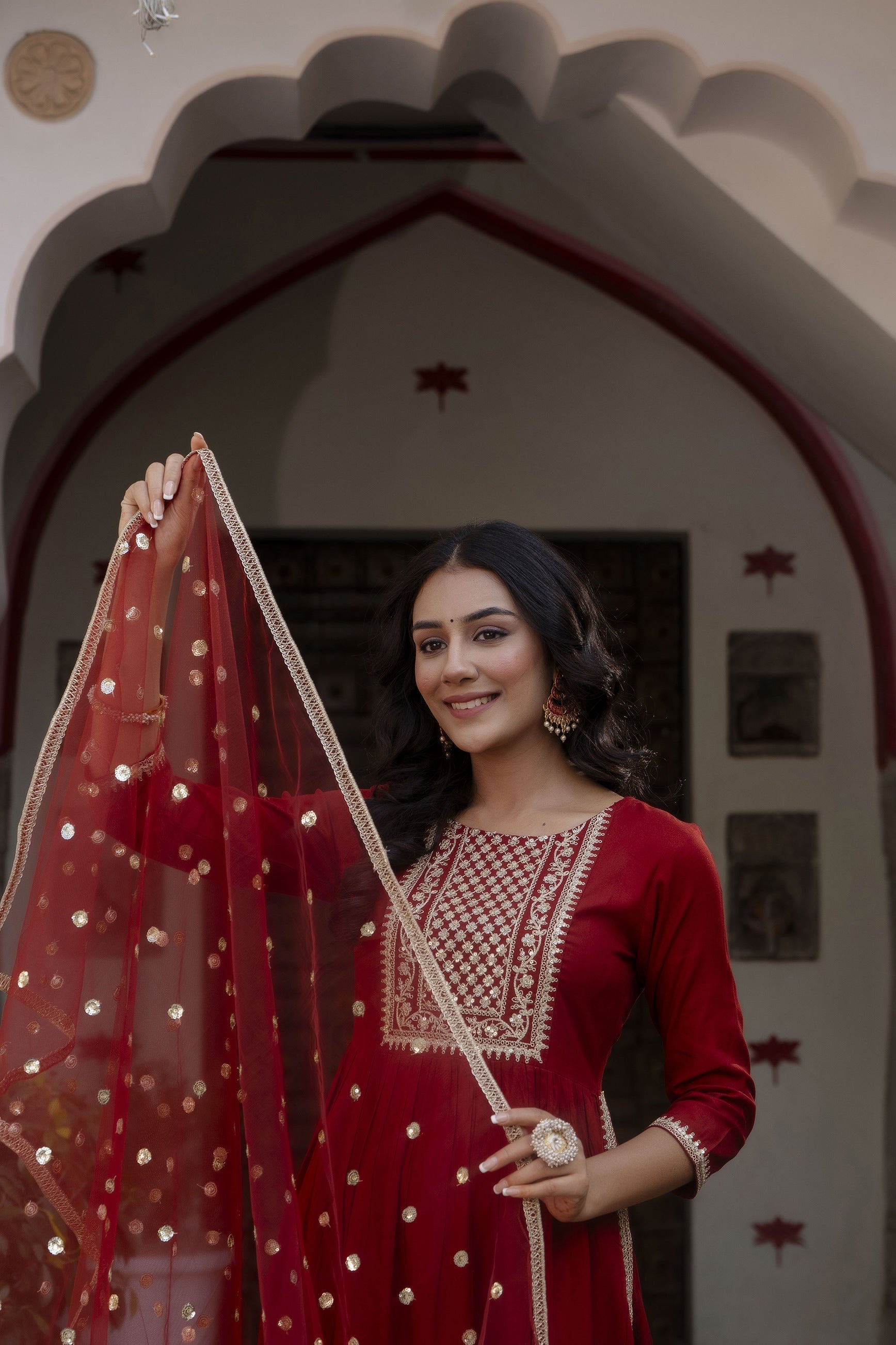 Women Maroon Embroidered Naira Cut Kurta With Trouser And Net Dupatta | LASVINI - Redefining Indian Fashion with Elegance