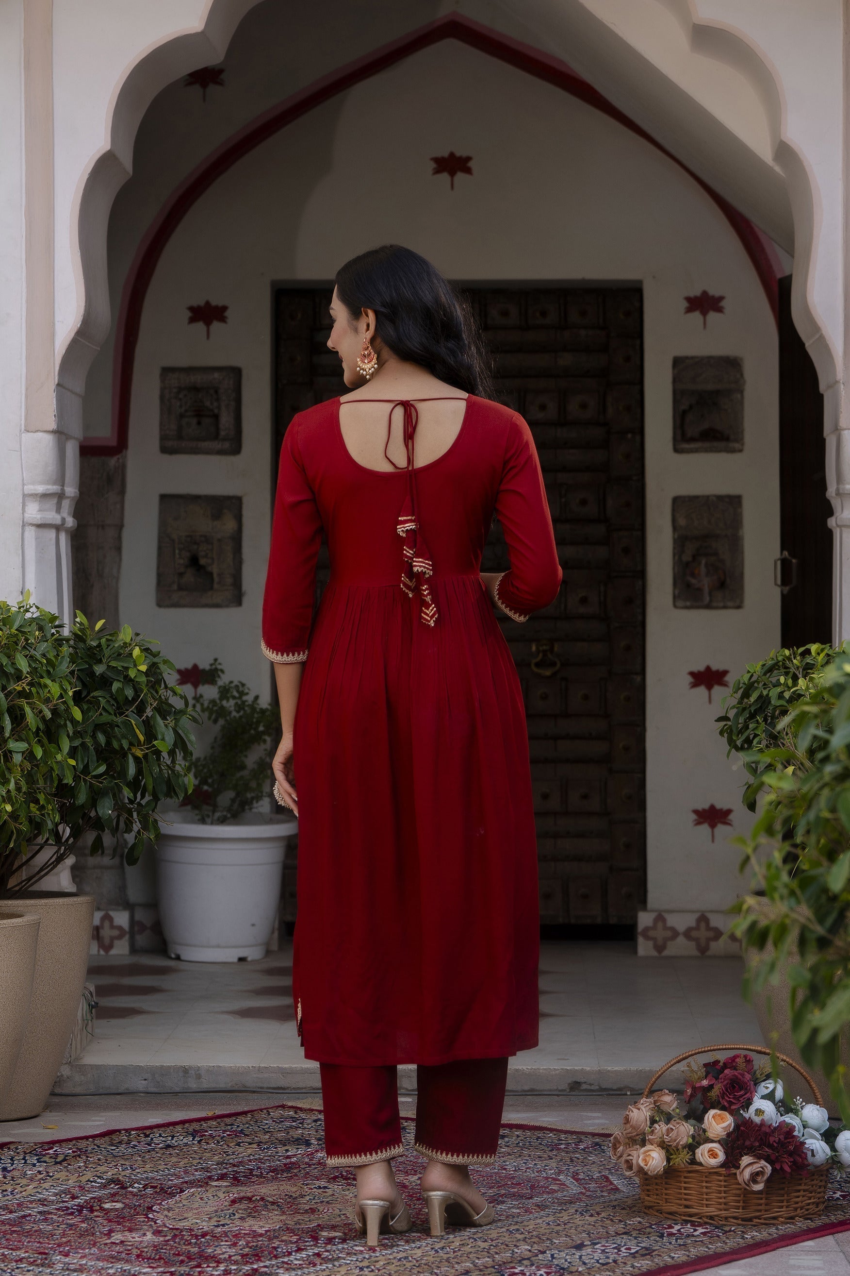 Women Maroon Embroidered Naira Cut Kurta With Trouser And Net Dupatta | LASVINI - Redefining Indian Fashion with Elegance