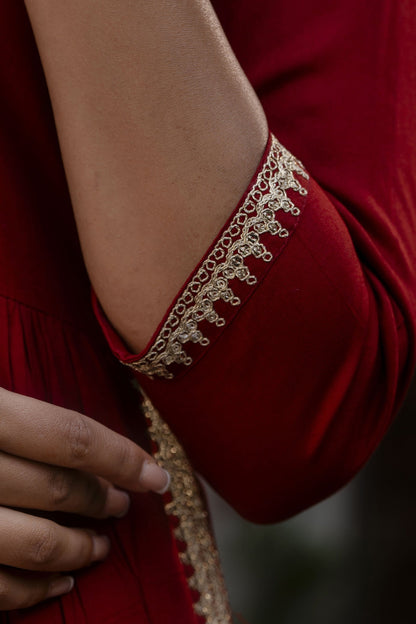 Women Maroon Embroidered Naira Cut Kurta With Trouser And Net Dupatta | LASVINI - Redefining Indian Fashion with Elegance