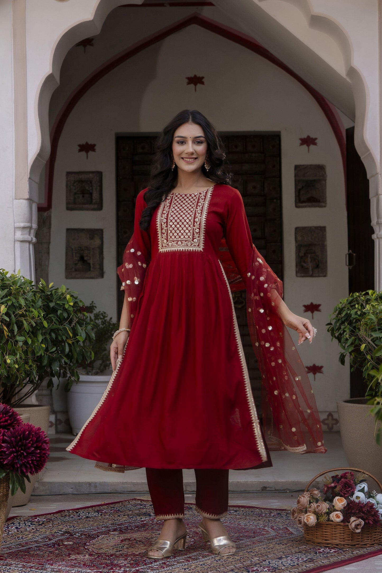 Women Maroon Embroidered Naira Cut Kurta With Trouser And Net Dupatta | LASVINI - Redefining Indian Fashion with Elegance