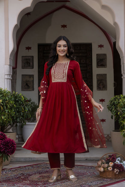 Women Maroon Embroidered Naira Cut Kurta With Trouser And Net Dupatta | LASVINI - Redefining Indian Fashion with Elegance