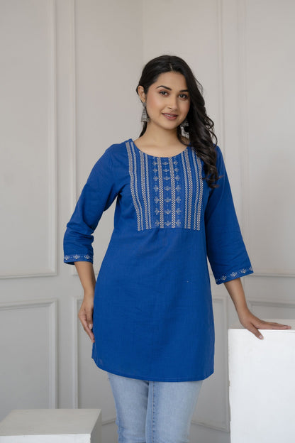 Women Blue Embroidered Straight Tunic | LASVINI - Redefining Indian Fashion with Elegance