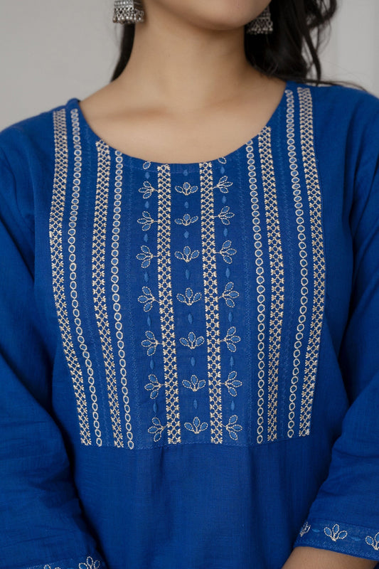 Women Blue Embroidered Straight Tunic | LASVINI - Redefining Indian Fashion with Elegance