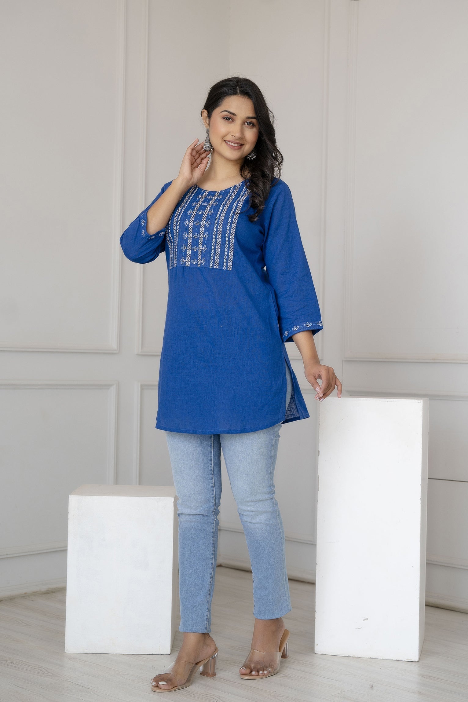 Women Blue Embroidered Straight Tunic | LASVINI - Redefining Indian Fashion with Elegance