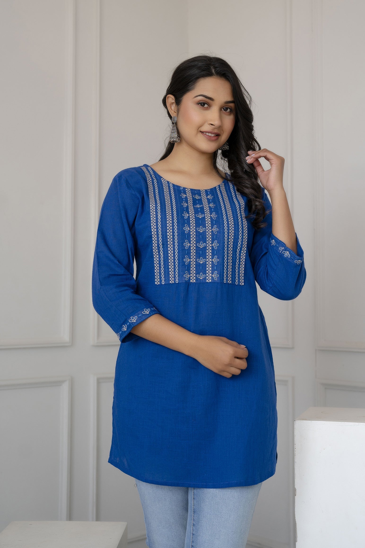 Women Blue Embroidered Straight Tunic | LASVINI - Redefining Indian Fashion with Elegance