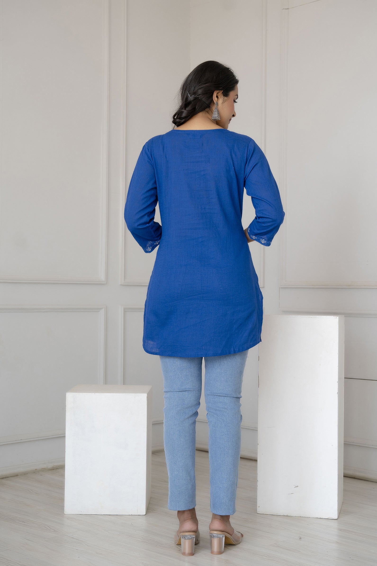 Women Blue Embroidered Straight Tunic | LASVINI - Redefining Indian Fashion with Elegance