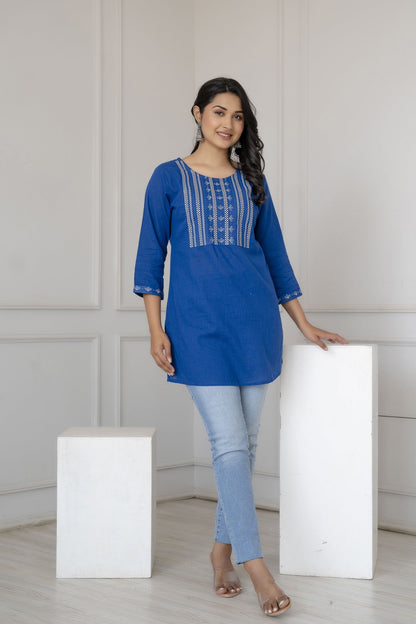 Women Blue Embroidered Straight Tunic | LASVINI - Redefining Indian Fashion with Elegance