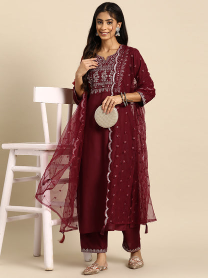 Women Maroon Embroidered Straight Kurta With Palazzo And Net Dupatta | LASVINI - Redefining Indian Fashion with Elegance