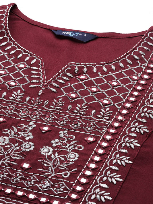 Women Maroon Embroidered Straight Kurta With Palazzo And Net Dupatta | LASVINI - Redefining Indian Fashion with Elegance