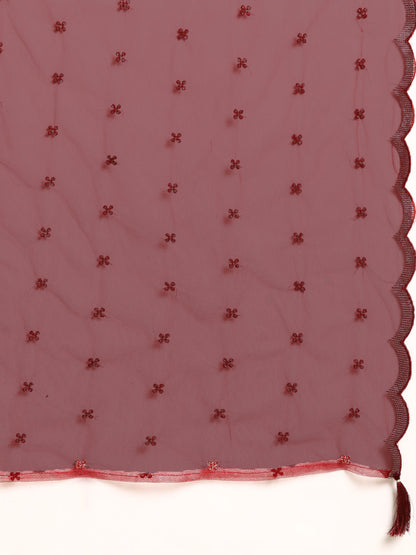 Women Maroon Embroidered Straight Kurta With Palazzo And Net Dupatta | LASVINI - Redefining Indian Fashion with Elegance