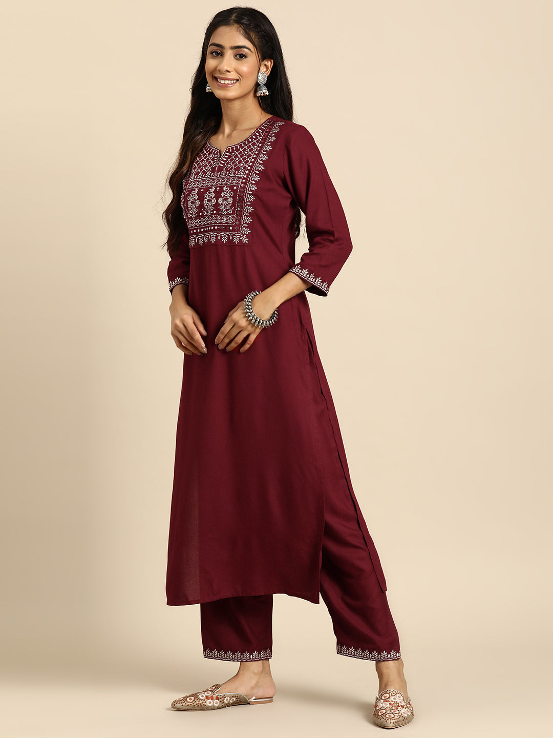 Women Maroon Embroidered Straight Kurta With Palazzo And Net Dupatta | LASVINI - Redefining Indian Fashion with Elegance