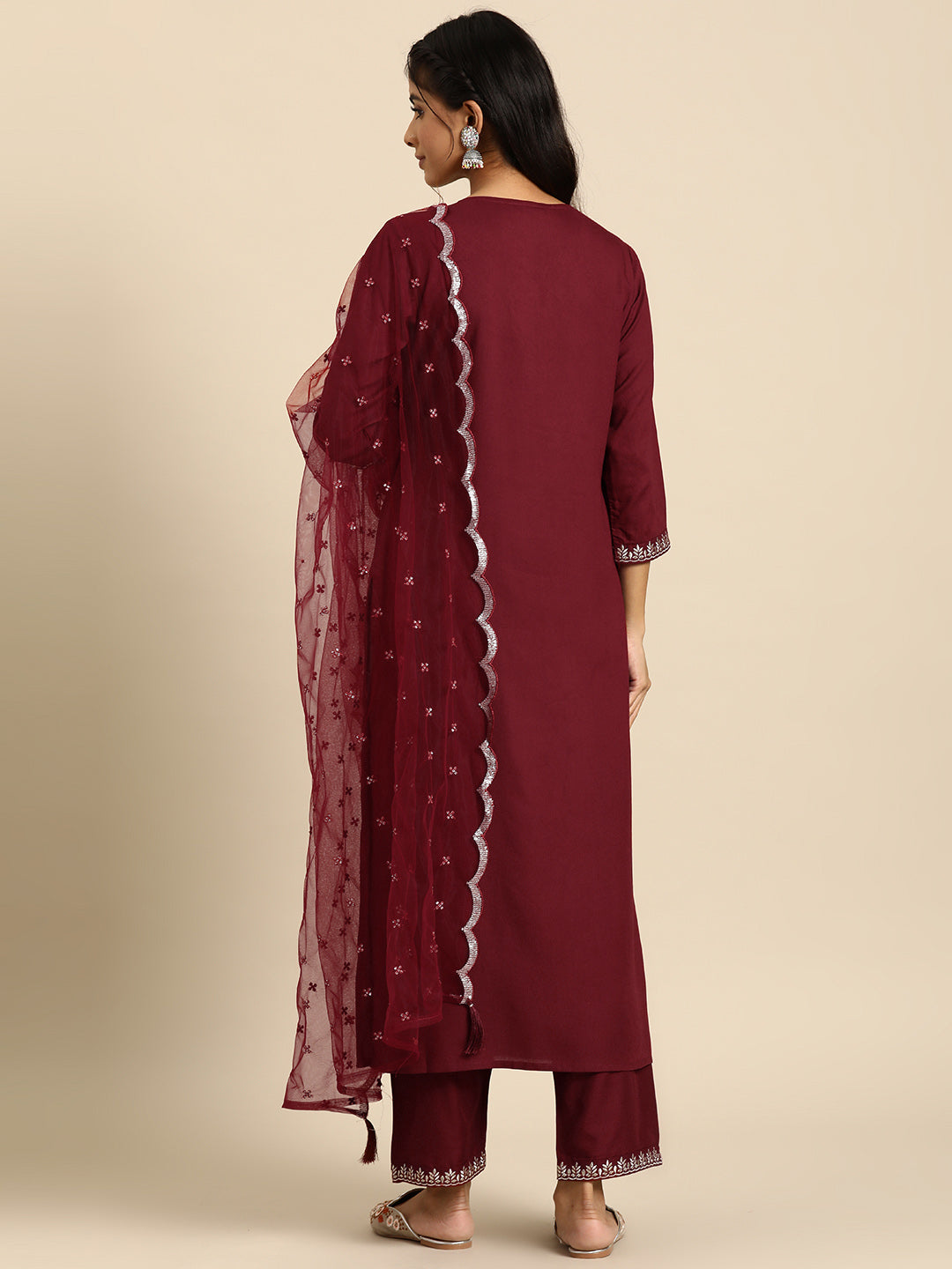 Women Maroon Embroidered Straight Kurta With Palazzo And Net Dupatta | LASVINI - Redefining Indian Fashion with Elegance