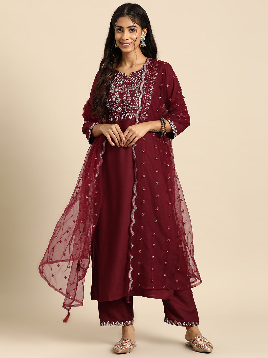 Women Maroon Embroidered Straight Kurta With Palazzo And Net Dupatta | LASVINI - Redefining Indian Fashion with Elegance
