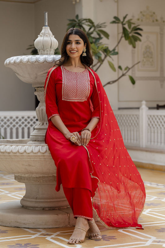 Women Red Embroidered Straight Kurta With Palazzo And Net Dupatta | LASVINI - Redefining Indian Fashion with Elegance