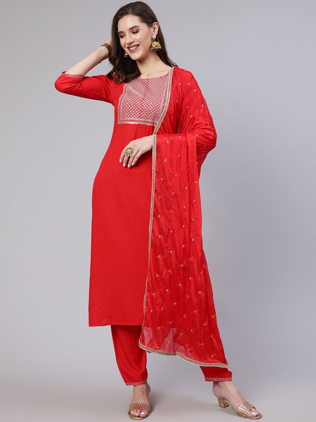 Women Red Embroidered Straight Kurta With Trouser And Net Dupatta | LASVINI - Redefining Indian Fashion with Elegance