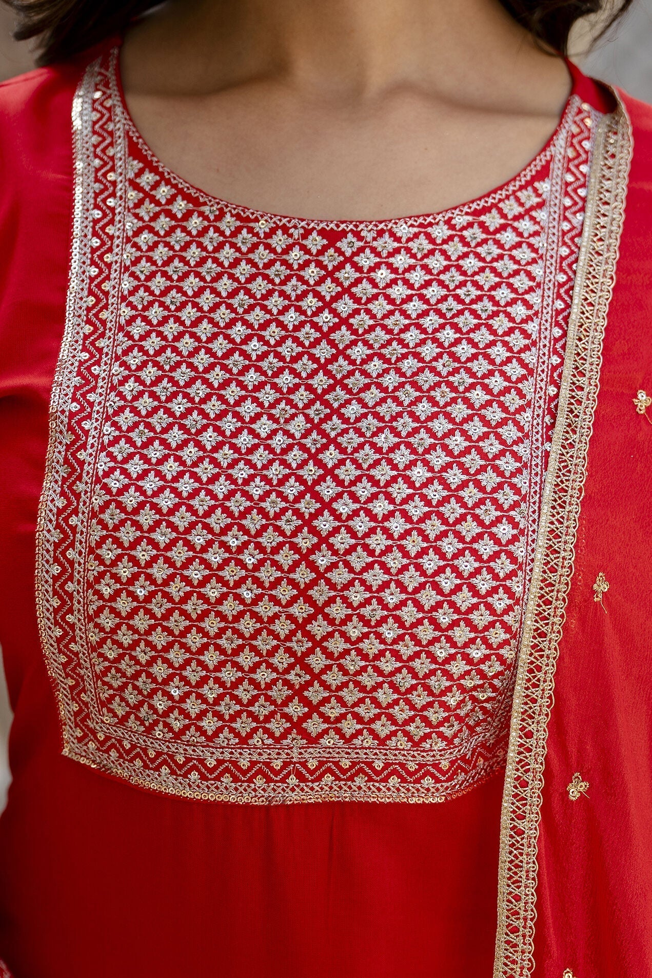 Women Red Embroidered Straight Kurta With Palazzo And Net Dupatta | LASVINI - Redefining Indian Fashion with Elegance