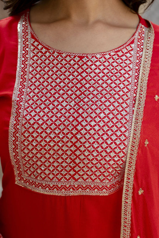 Women Red Embroidered Straight Kurta With Palazzo And Net Dupatta | LASVINI - Redefining Indian Fashion with Elegance