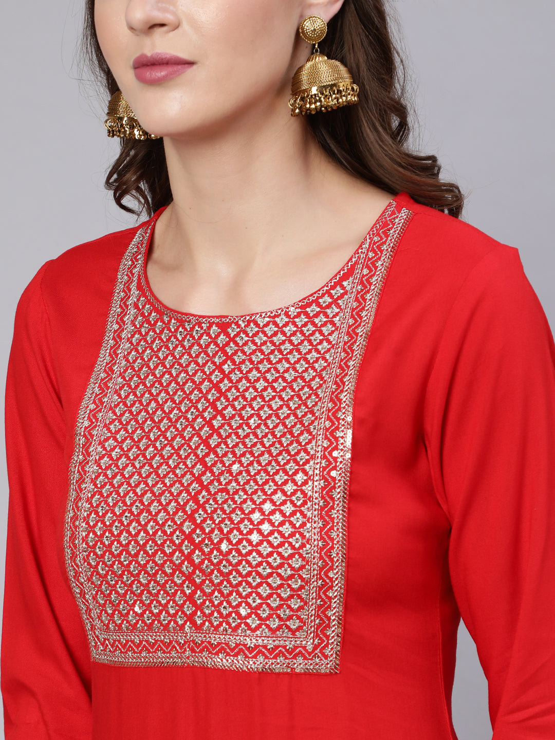 Women Red Embroidered Straight Kurta With Trouser And Net Dupatta | LASVINI - Redefining Indian Fashion with Elegance