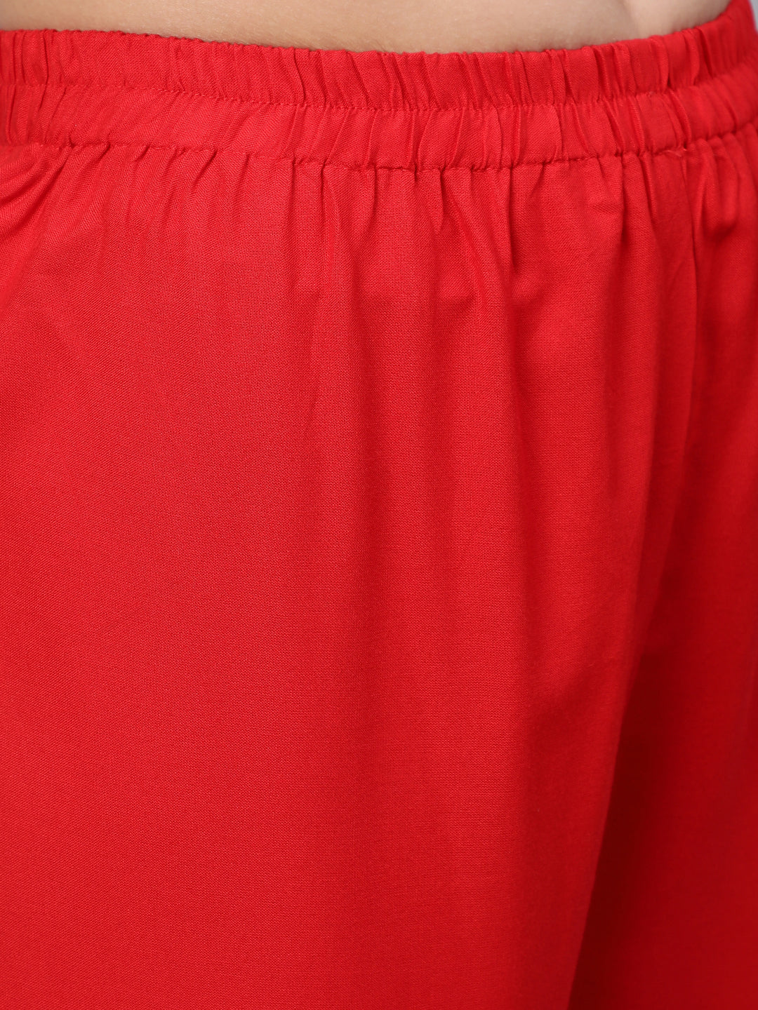 Women Red Embroidered Straight Kurta With Trouser And Net Dupatta | LASVINI - Redefining Indian Fashion with Elegance