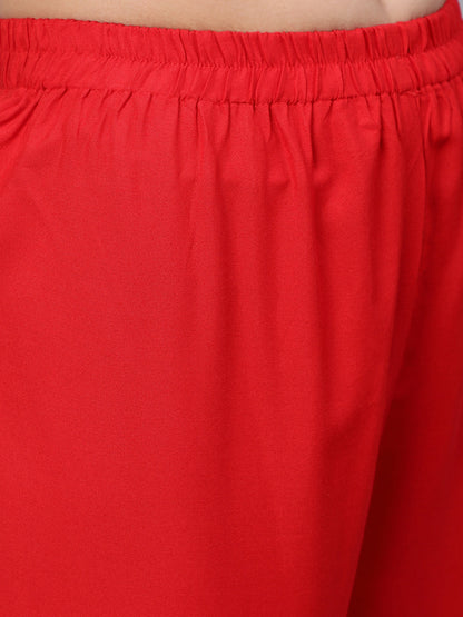 Women Red Embroidered Straight Kurta With Trouser And Net Dupatta | LASVINI - Redefining Indian Fashion with Elegance