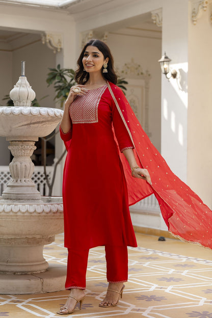 Women Red Embroidered Straight Kurta With Palazzo And Net Dupatta | LASVINI - Redefining Indian Fashion with Elegance