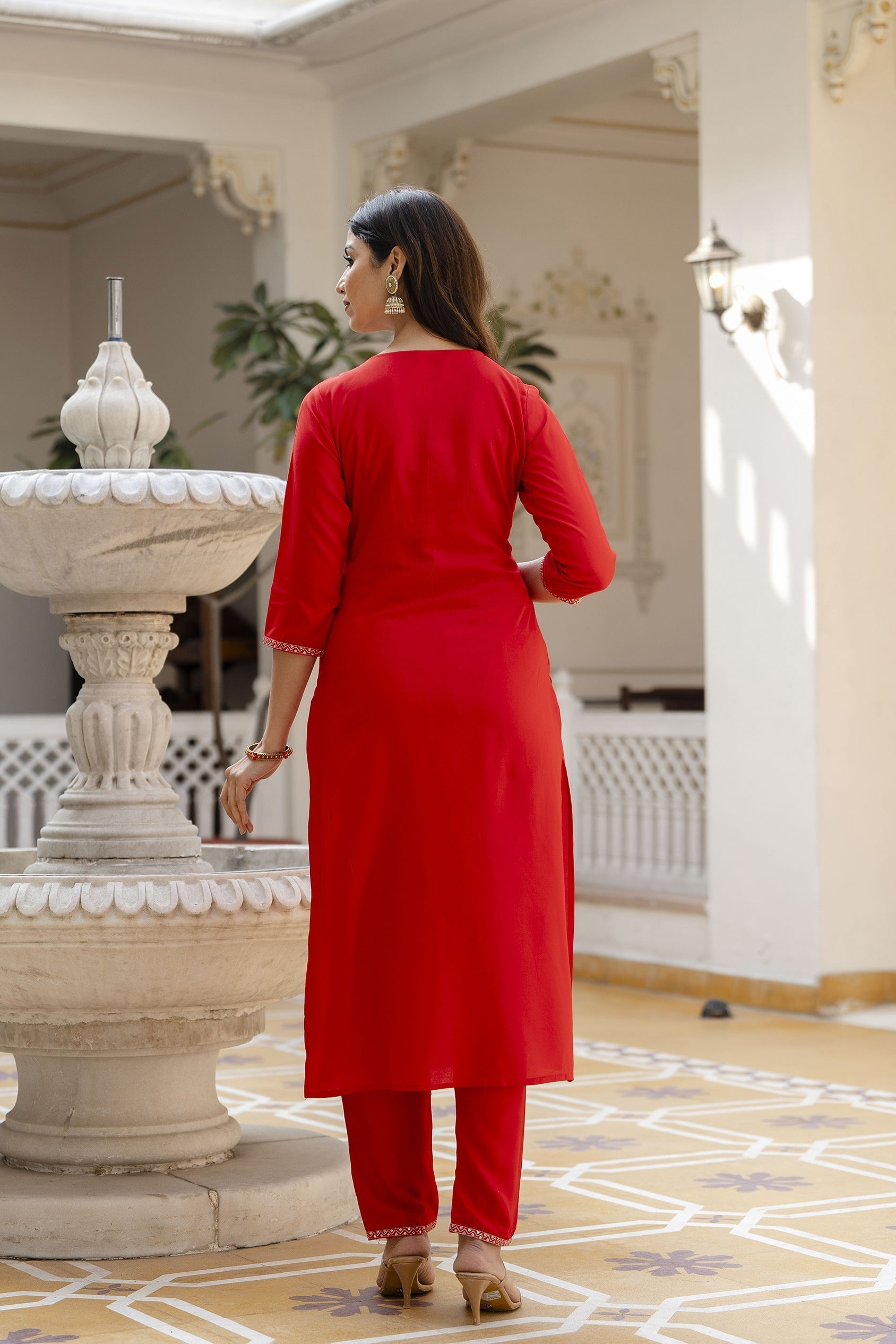 Women Red Embroidered Straight Kurta With Palazzo And Net Dupatta | LASVINI - Redefining Indian Fashion with Elegance