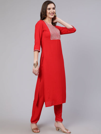 Women Red Embroidered Straight Kurta With Trouser And Net Dupatta | LASVINI - Redefining Indian Fashion with Elegance