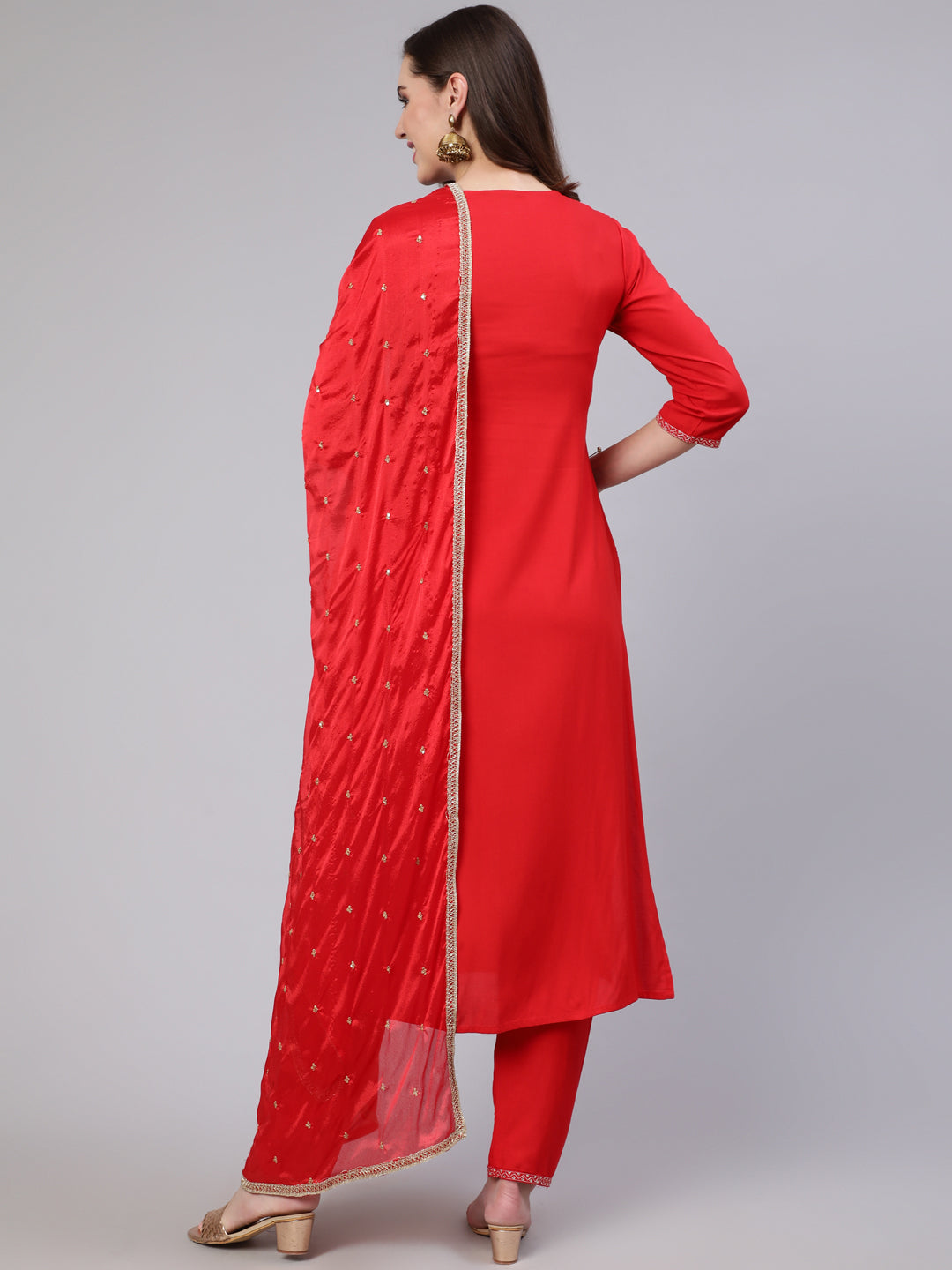 Women Red Embroidered Straight Kurta With Trouser And Net Dupatta | LASVINI - Redefining Indian Fashion with Elegance
