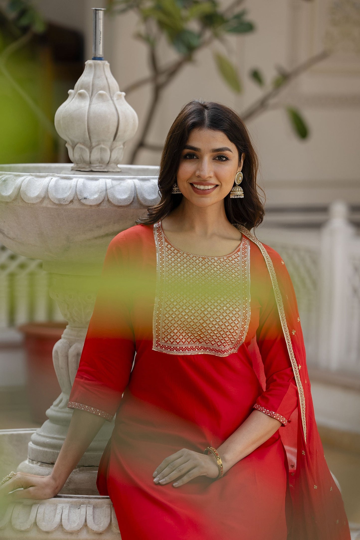 Women Red Embroidered Straight Kurta With Palazzo And Net Dupatta | LASVINI - Redefining Indian Fashion with Elegance