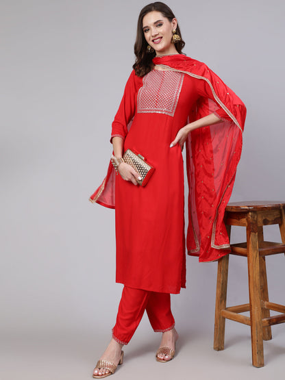 Women Red Embroidered Straight Kurta With Trouser And Net Dupatta | LASVINI - Redefining Indian Fashion with Elegance